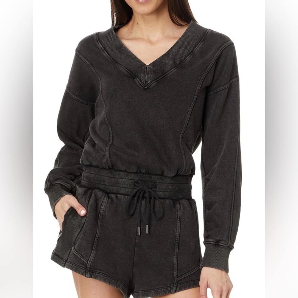 Free People Intercept Movement Romper Relaxed Fit in Distressed Black Size M NWT